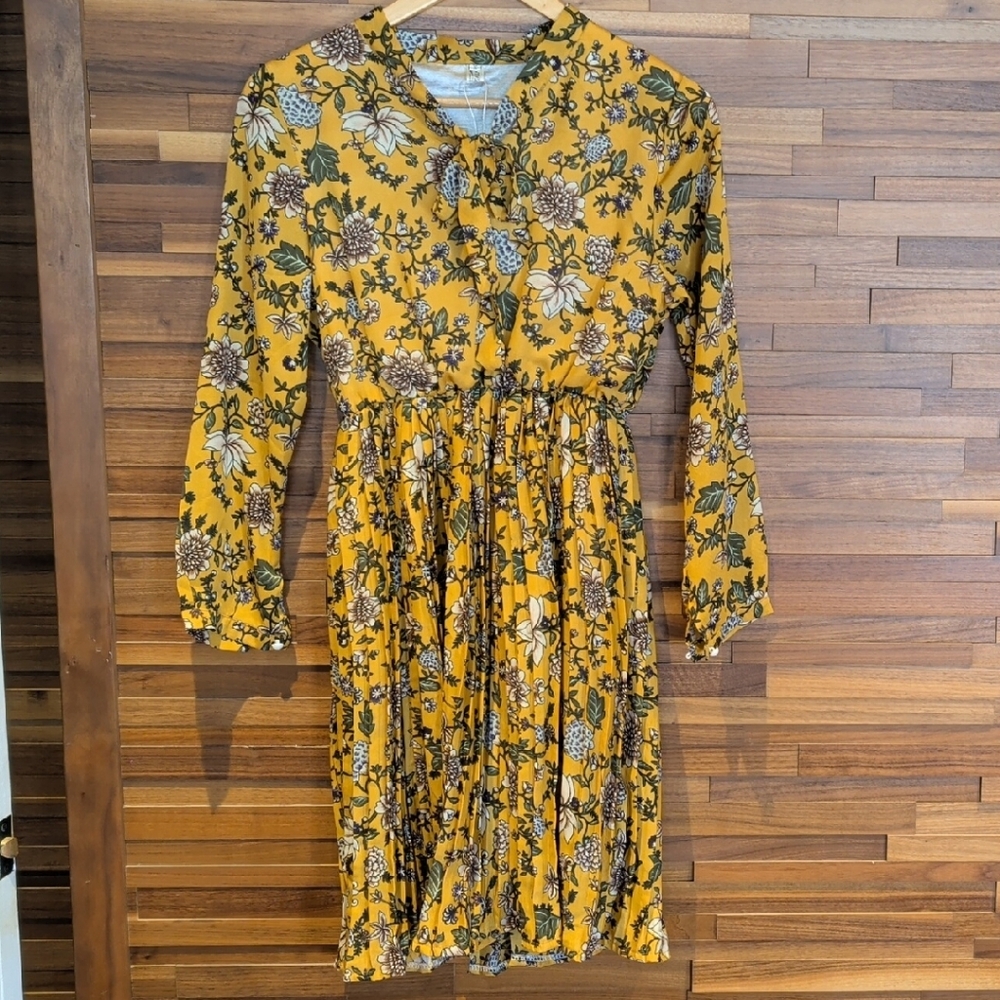 Long Sleeve Floral Midi Dress - Mustard Yellow